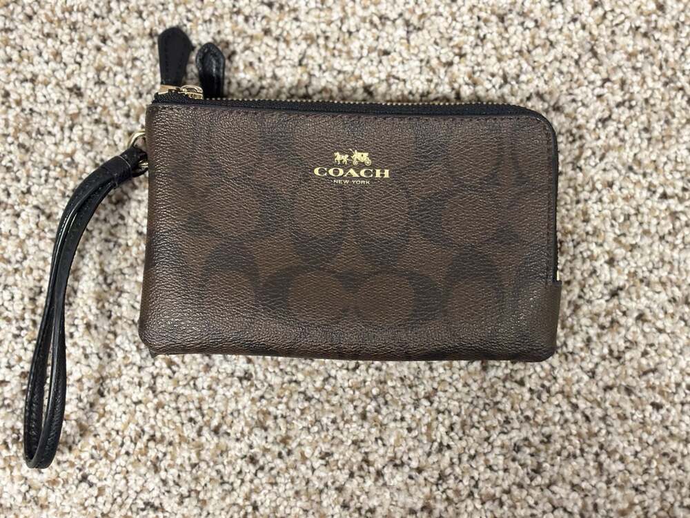 Coach Double Zip Wristlet in Signature Brown Coated Canvas